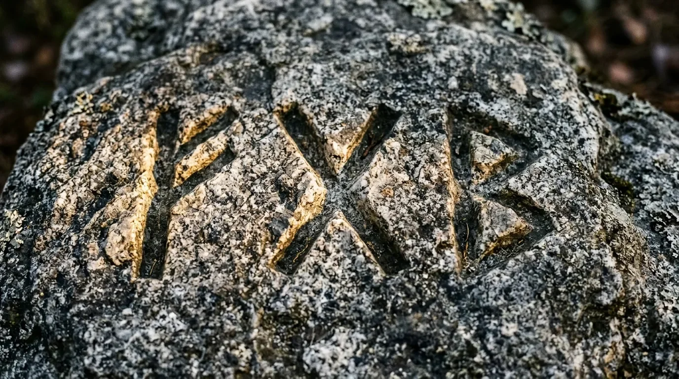 Motifs triangulaires grav&eacute;s dans la roche patin&eacute;e