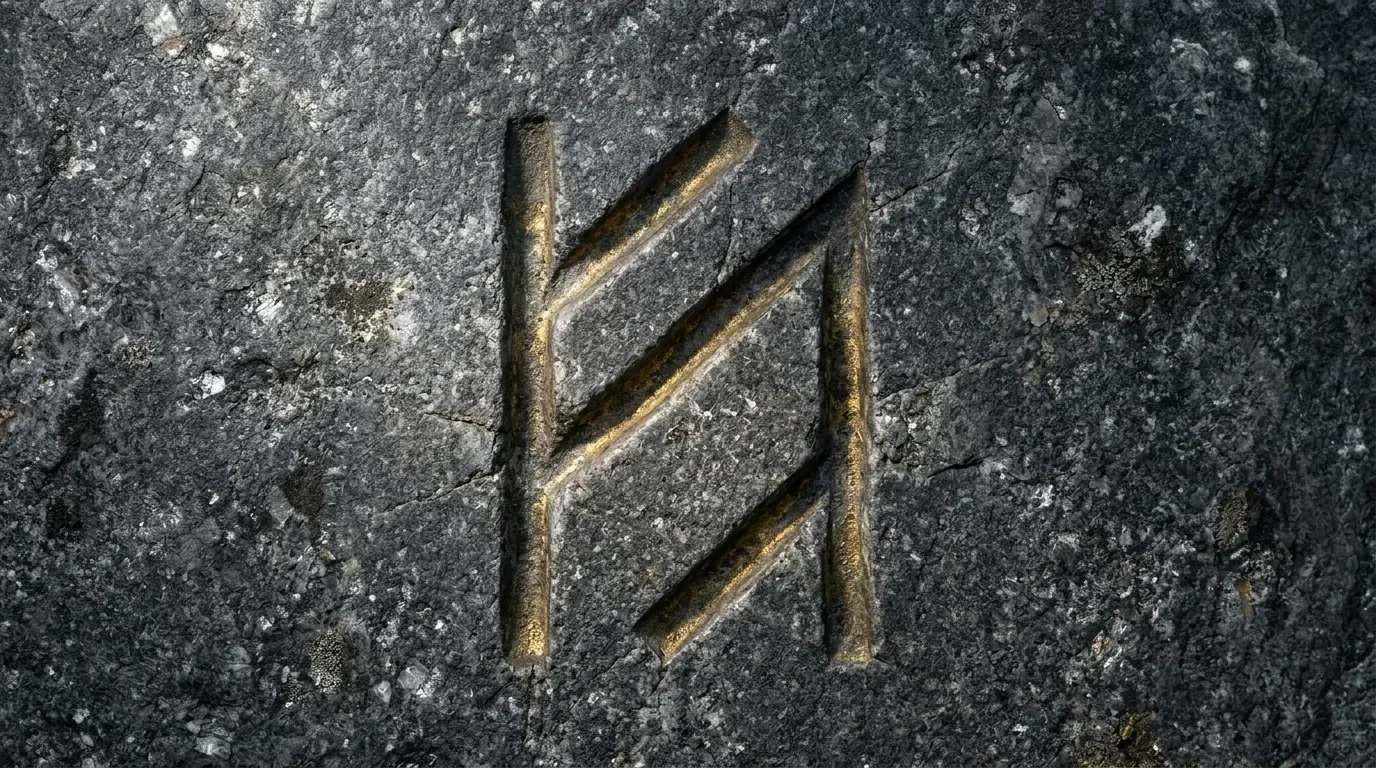 Rune dorée gravée sur surface de pierre grise usée