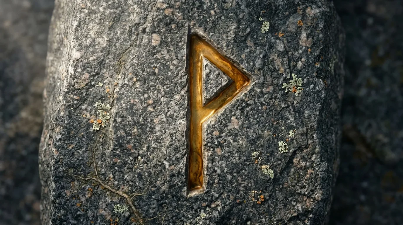 Rune dor&eacute;e grav&eacute;e sur surface rocheuse textur&eacute;e avec lichens