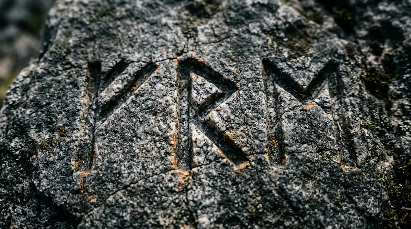 Symbole runique gravé sur roche grise couverte de lichen