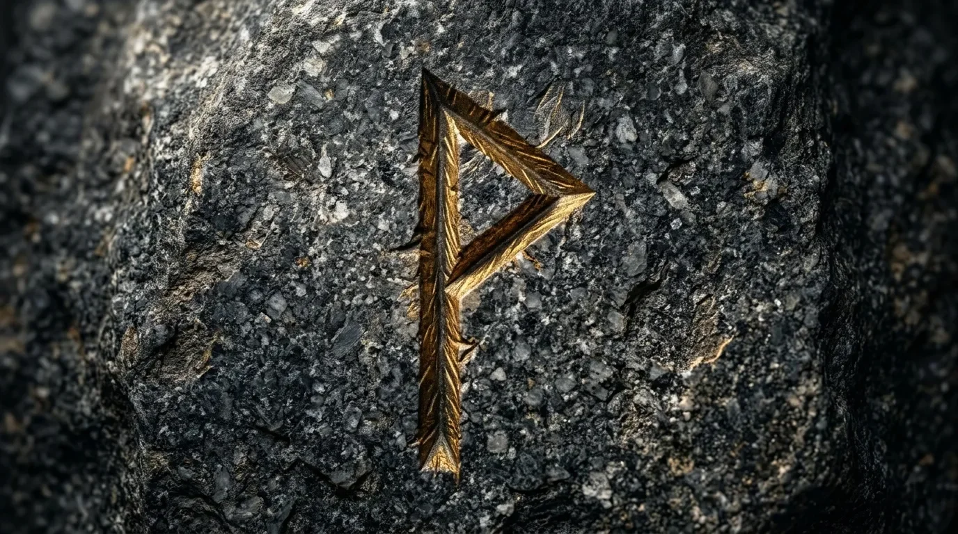 Symbole runique doré brillant sur surface rocheuse grise