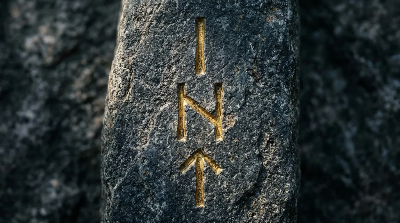 Rune nordique dorée sculptée sur surface rocheuse grise