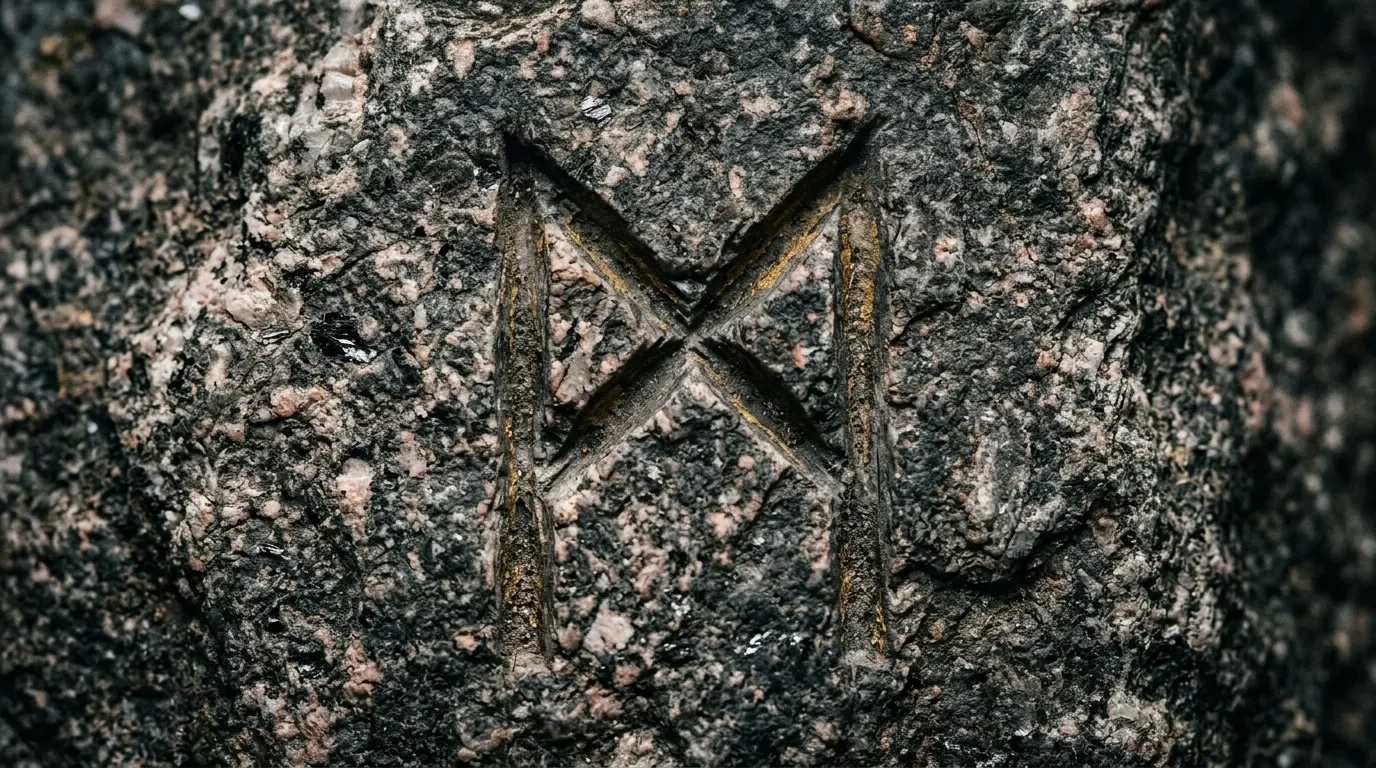 Croix sculptée sur surface rocheuse usée avec mousse