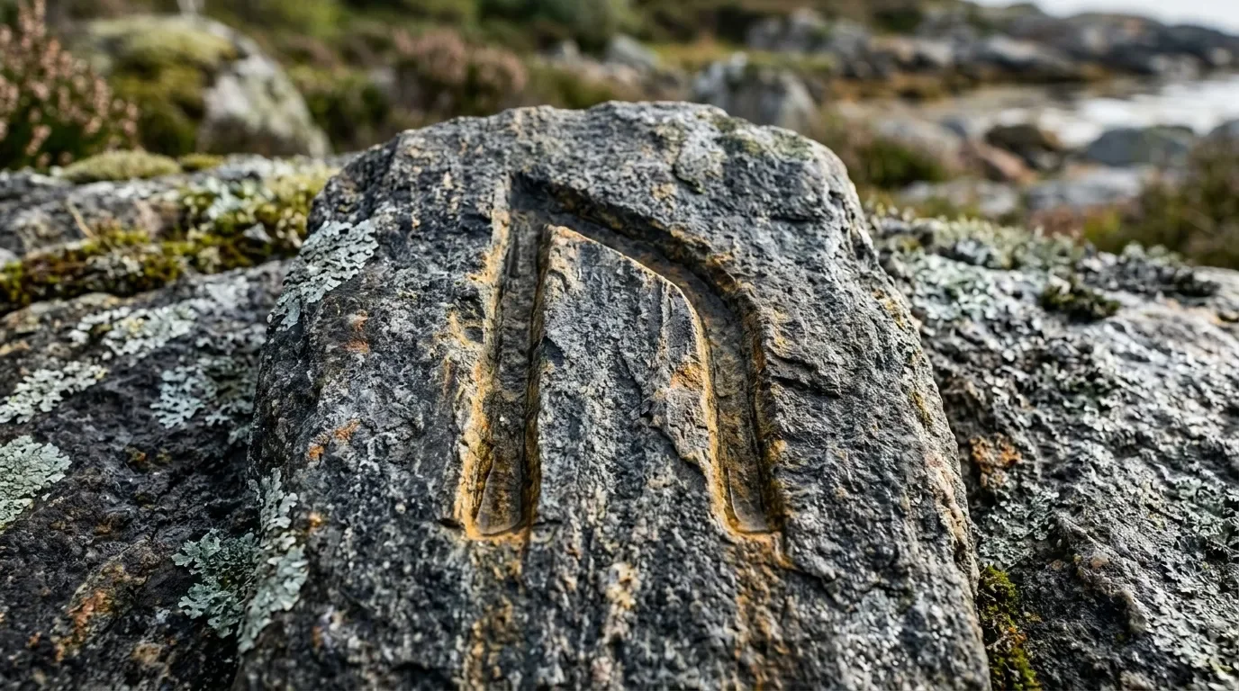 Main humaine sculptée sur rocher côtier couvert de lichens