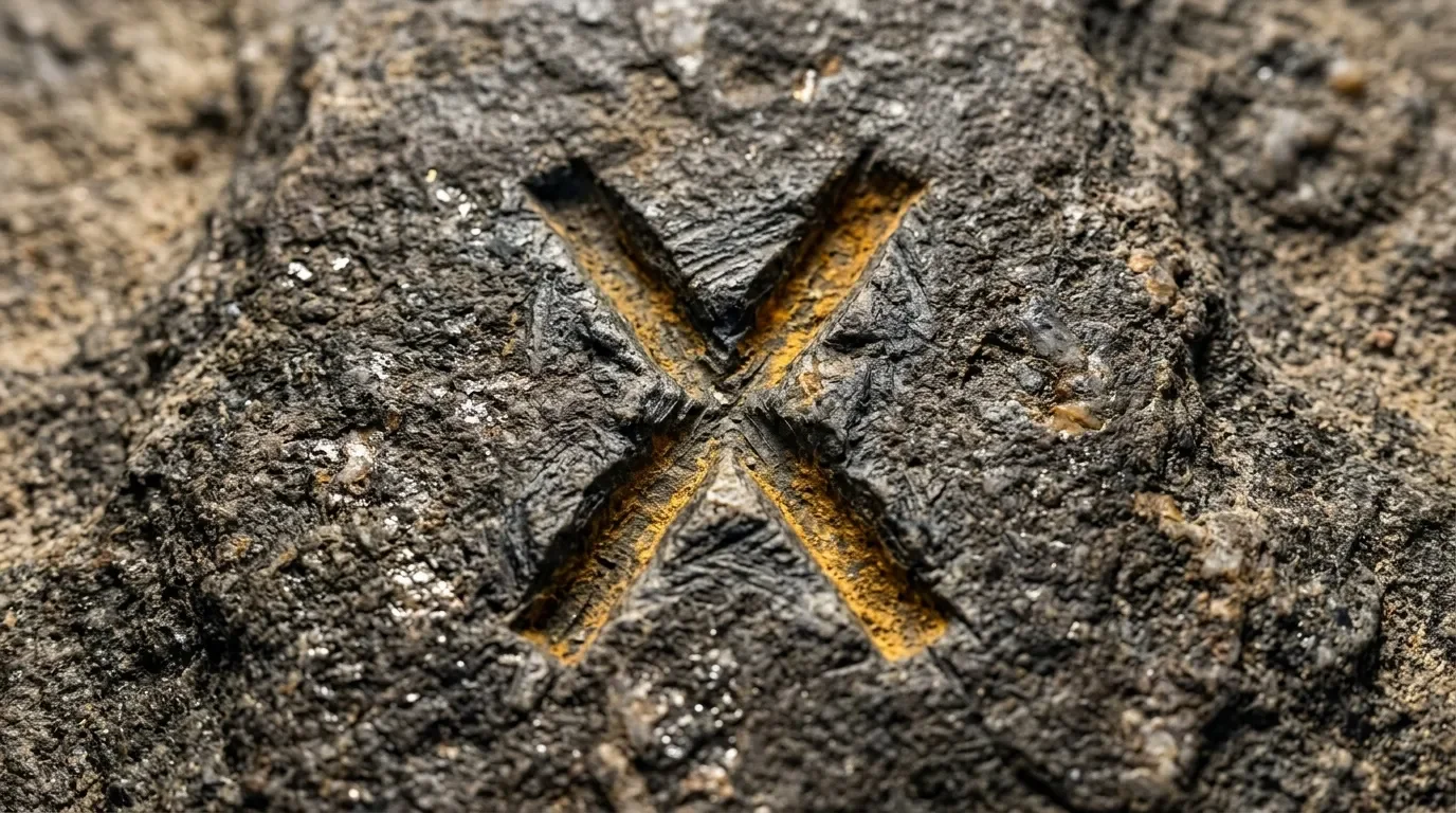 Croix peinte en jaune sur surface rocheuse texturée grise