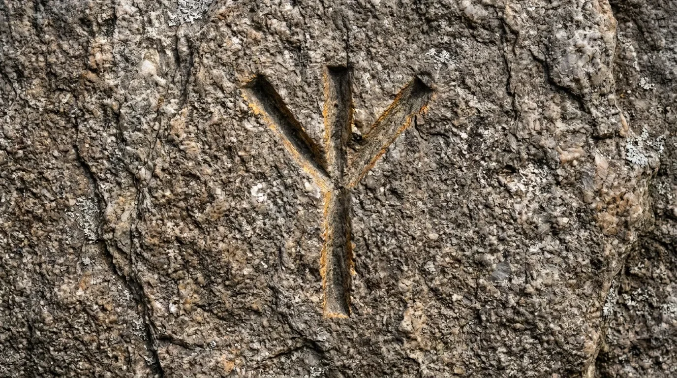 Croix dorée gravée sur surface de béton gris fissuré