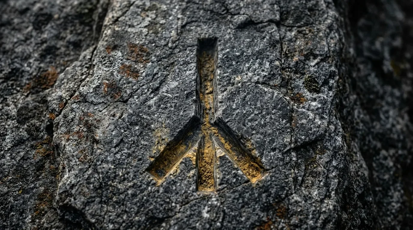 Symbole triangulaire doré gravé sur surface rocheuse usée