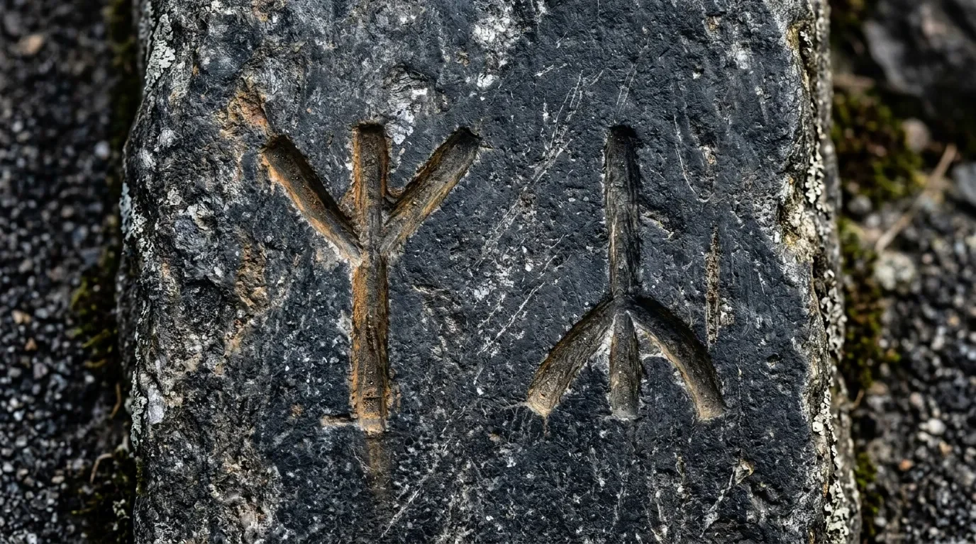Deux symboles runiques gravés sur surface grise avec patine