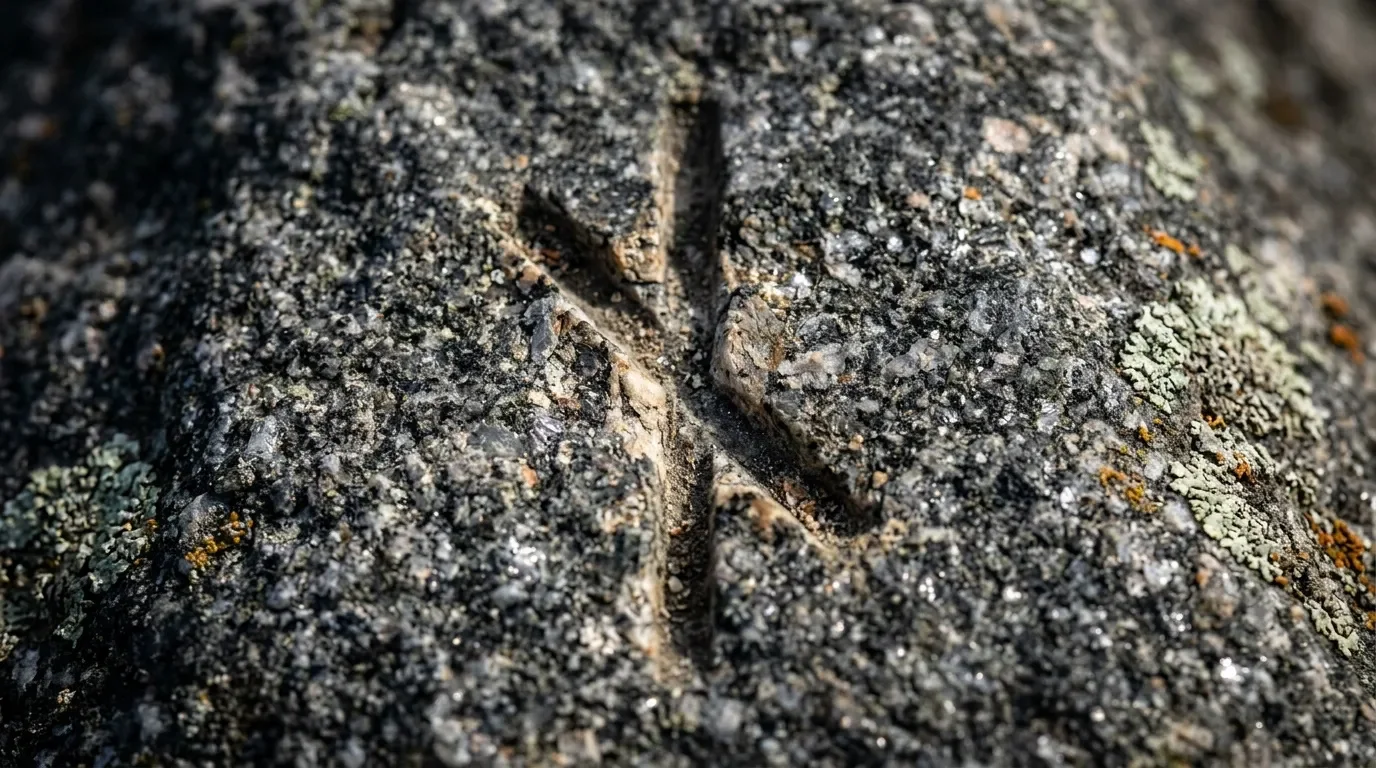 Symbole gravé doré sur surface rocheuse texturée grise (renversée)