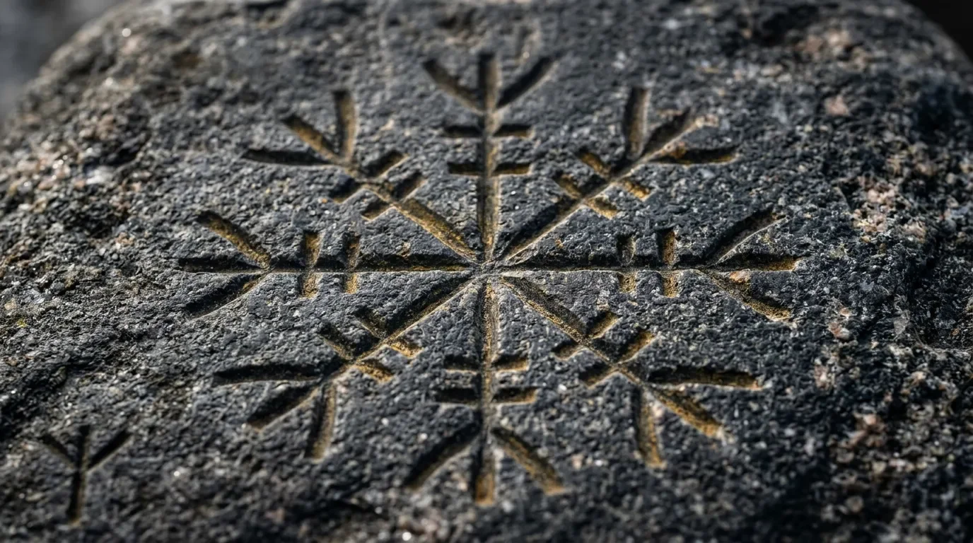 Runes nordiques anciennes grav&eacute;es sur surface rocheuse grise