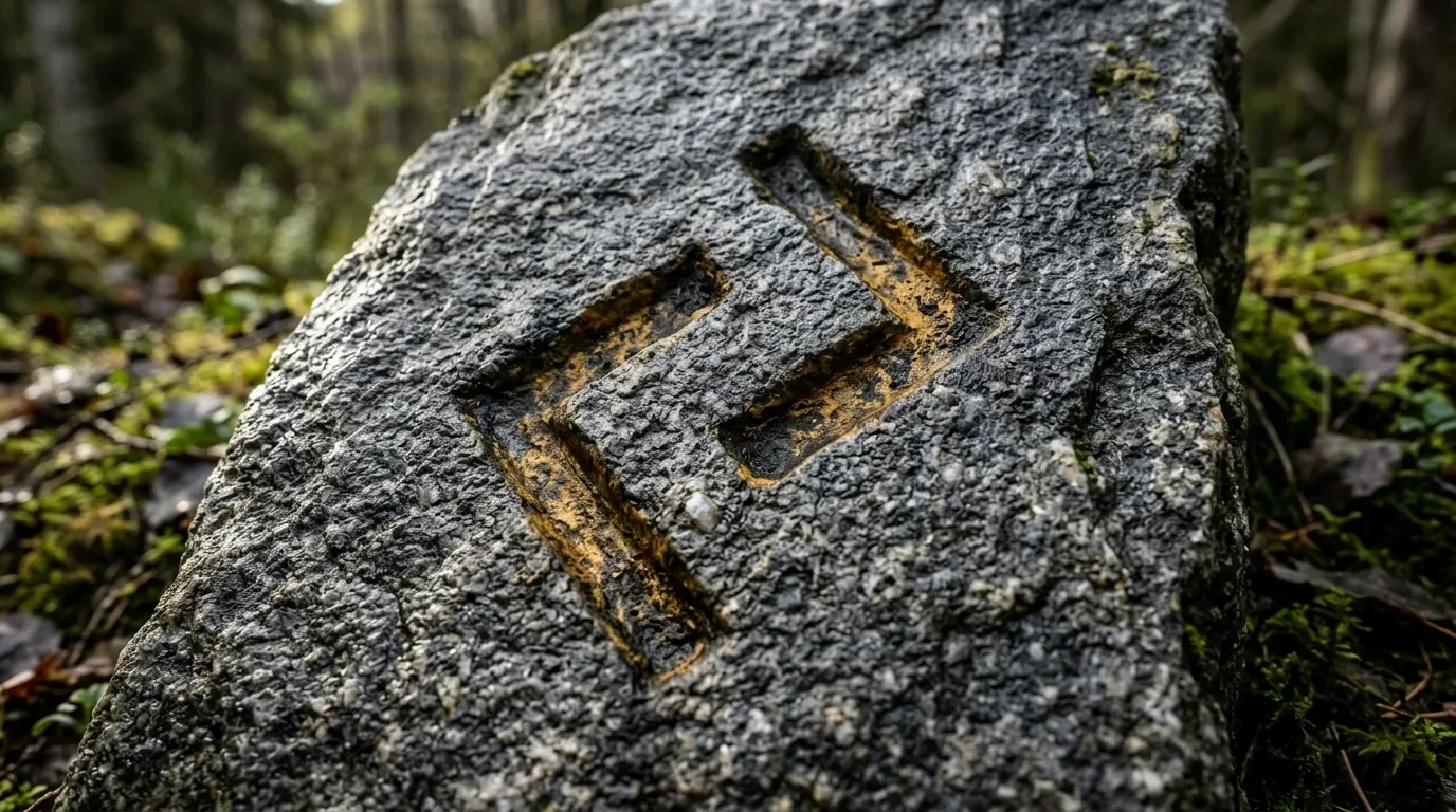 Deux traits en chevron gravés sur une pierre grise couverte de mousse