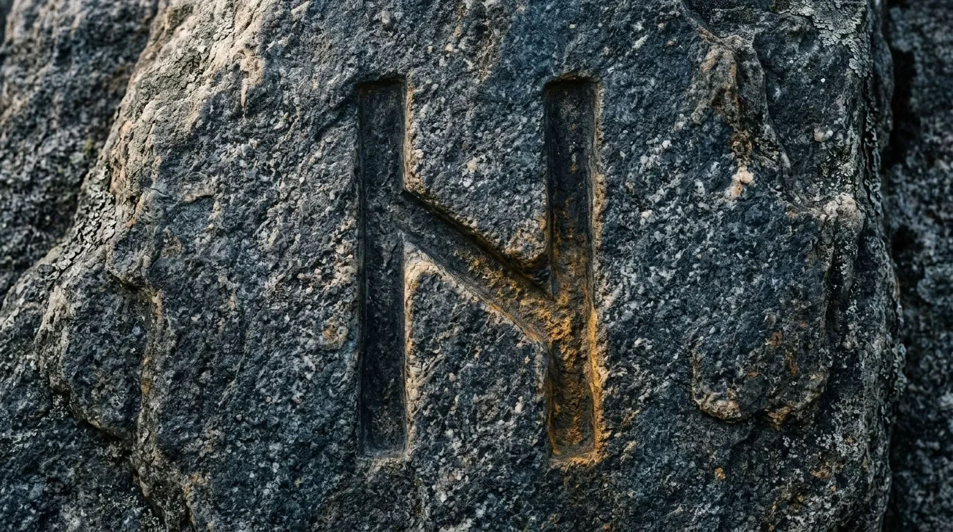 Rune viking sculptée sur roche grise avec patine dorée