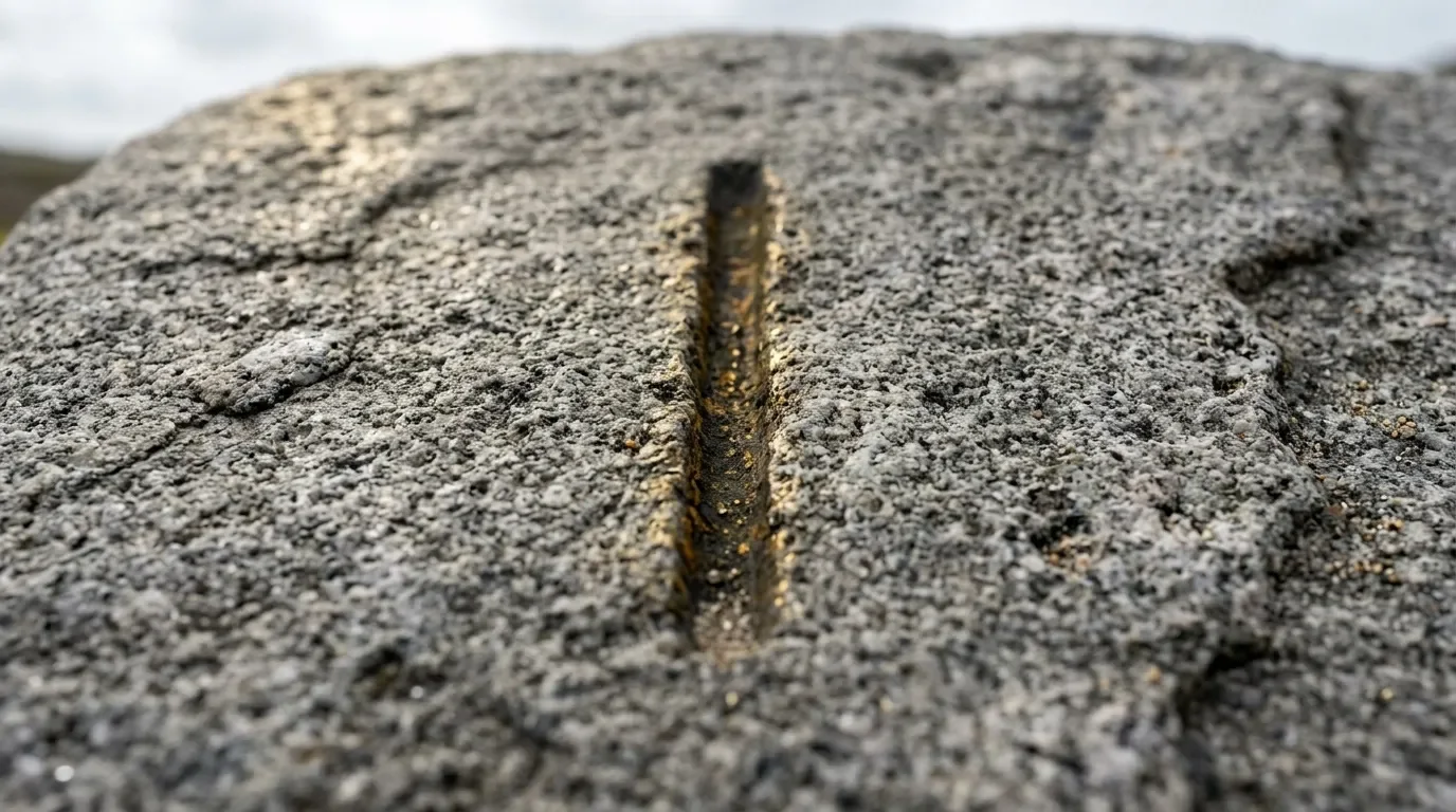 Gros plan d'une fissure dor&eacute;e traversant une surface rocheuse grise