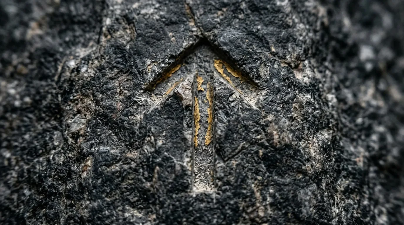 Crevasse en forme de V avec traces dorées dans roche grise
