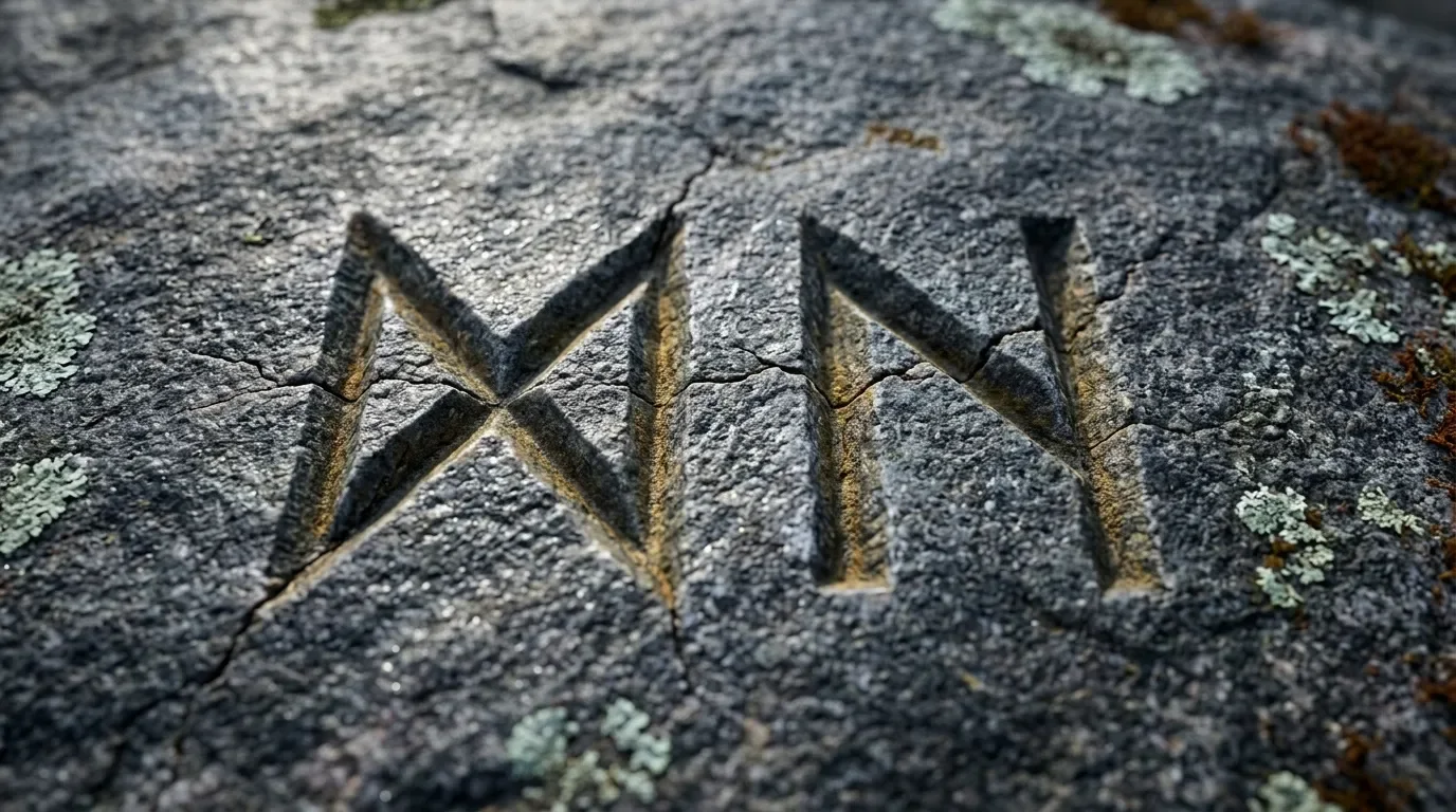 Runes anciennes sculpt&eacute;es sur surface rocheuse grise et mousseuse