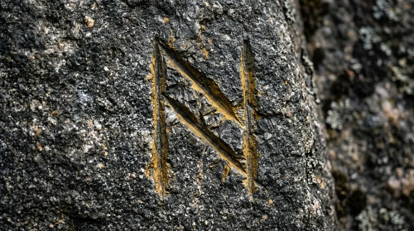 Symbole gravé doré sur surface rocheuse texturée grise