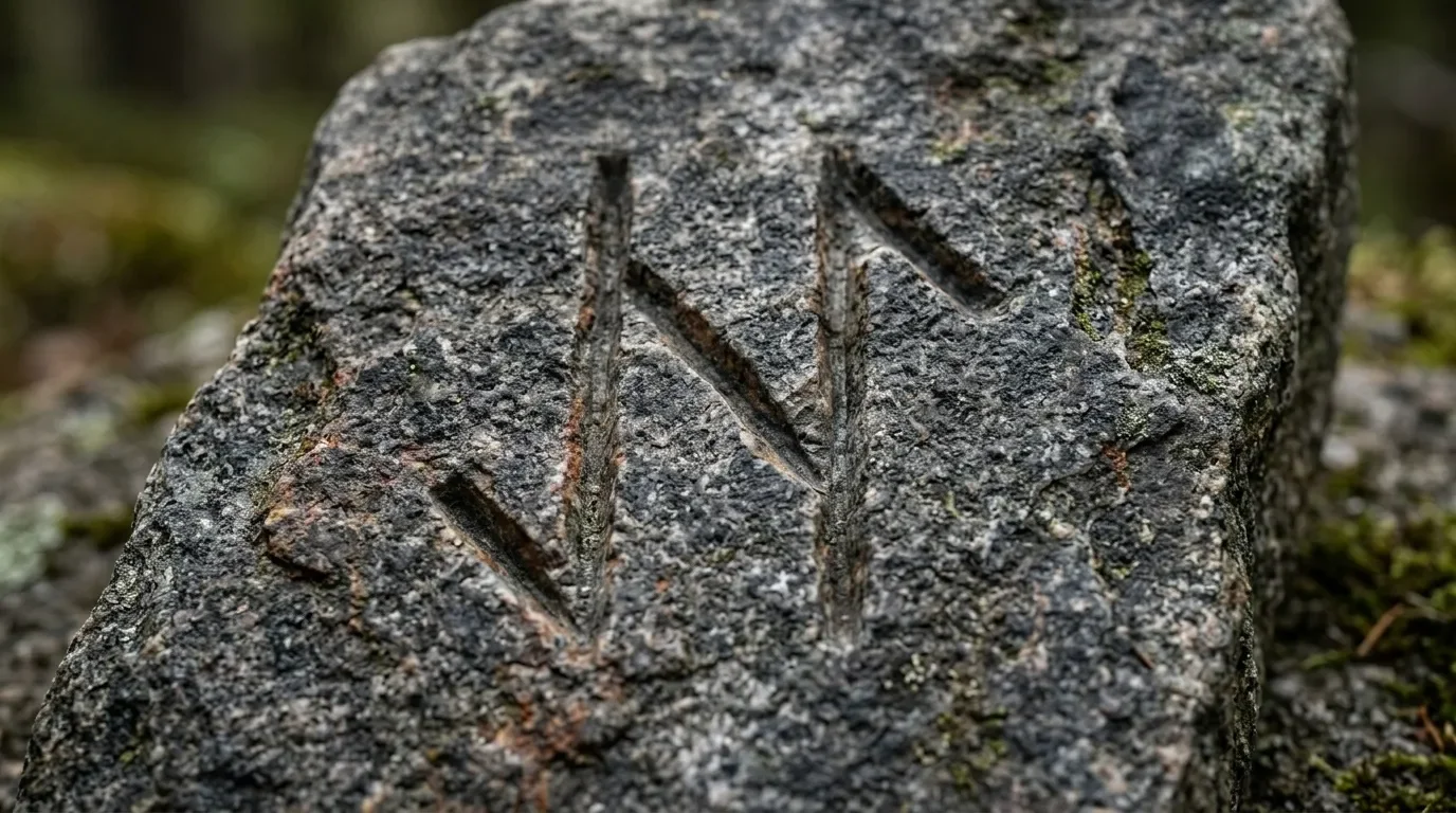 Marques géométriques gravées sur surface rocheuse mousseuse