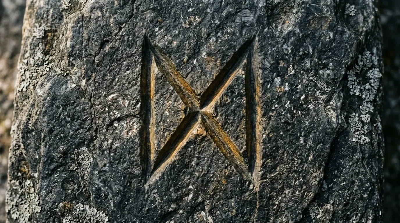 Croix sculptée dans l'écorce grise d'un tronc d'arbre