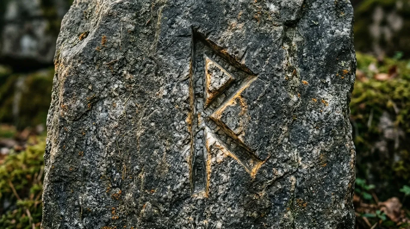 Symbole runique taill&eacute; dans la pierre grise avec patine