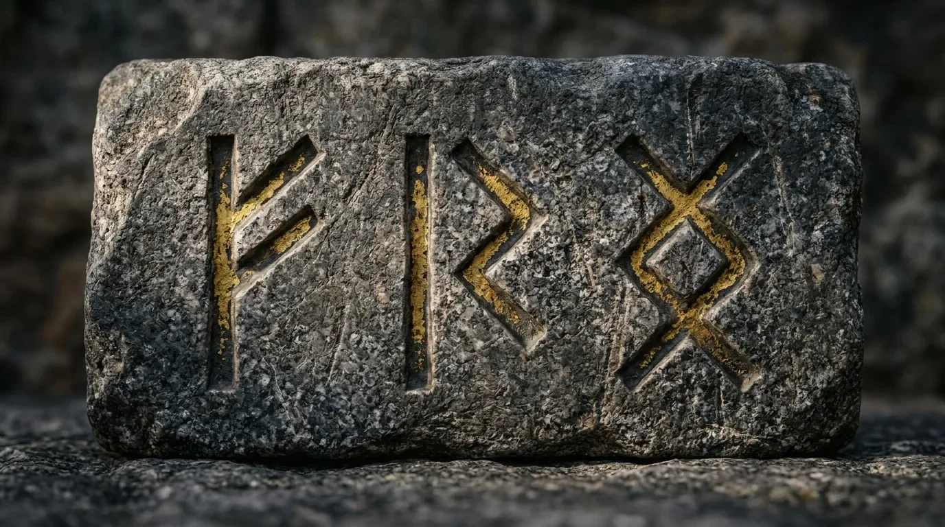 Pierre grise avec runes dorées gravées, patine ancienne
