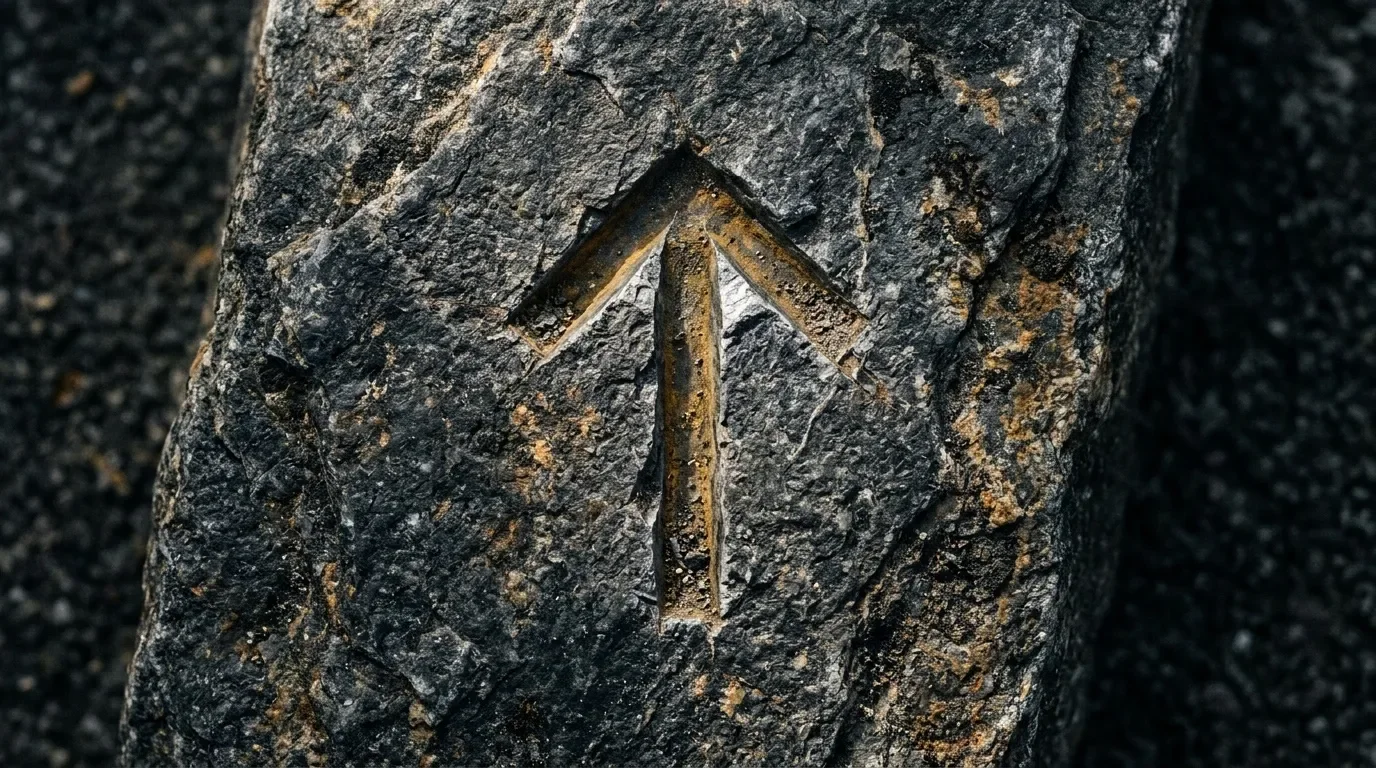Rune triangulaire dor&eacute;e grav&eacute;e sur roche grise weathered