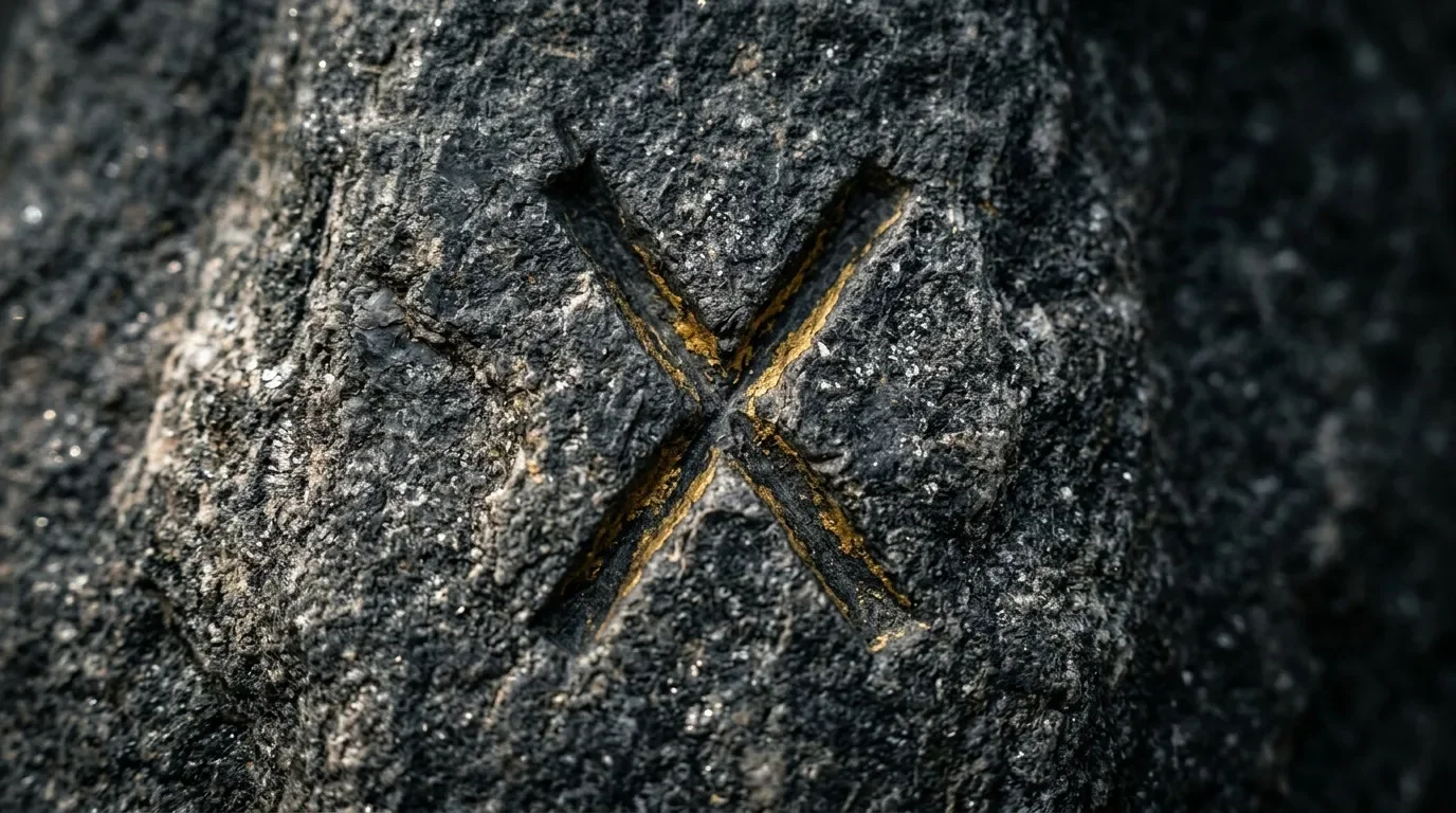 Croix dorée gravée sur surface rocheuse texturée
