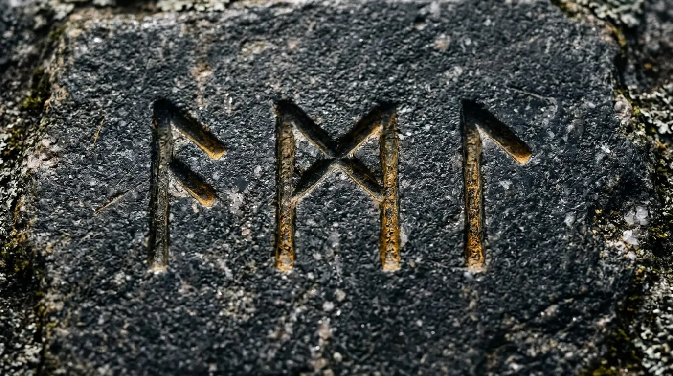 Runes anciennes gravées sur roche grise avec mousse