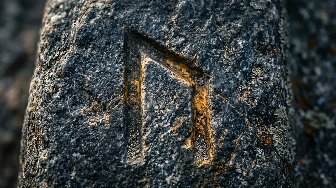Rune viking grav&eacute;e dans pierre patin&eacute;e, oxyd&eacute;e dor&eacute;e