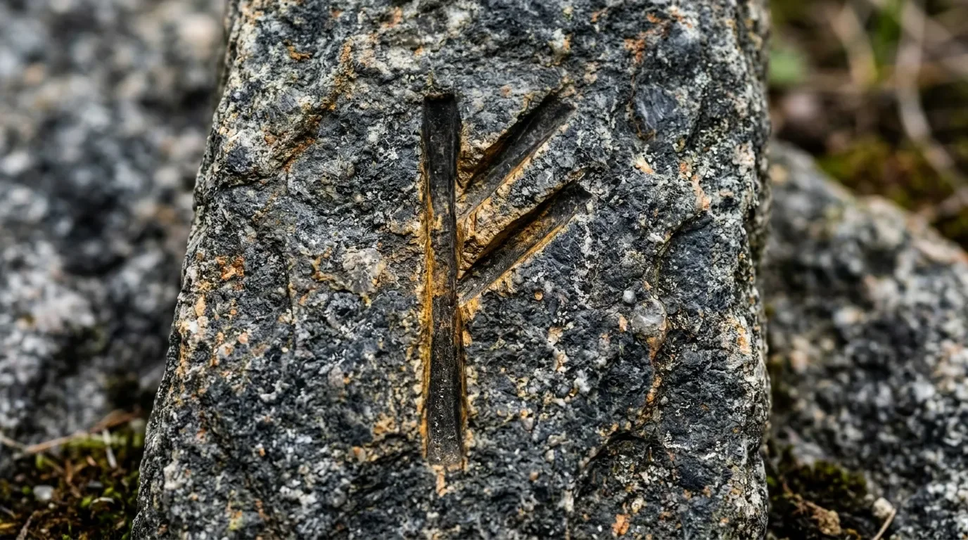 Rune viking tracée sur surface rocheuse grise et mousse