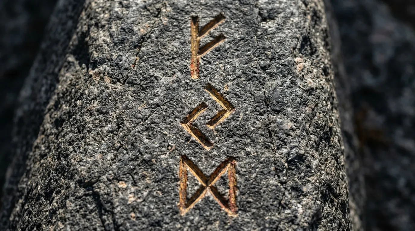 Trois runes vikings dorées gravées sur surface rocheuse grise