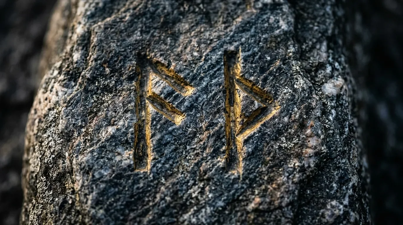 Trois runes dorées gravées sur écorce grise de pierre