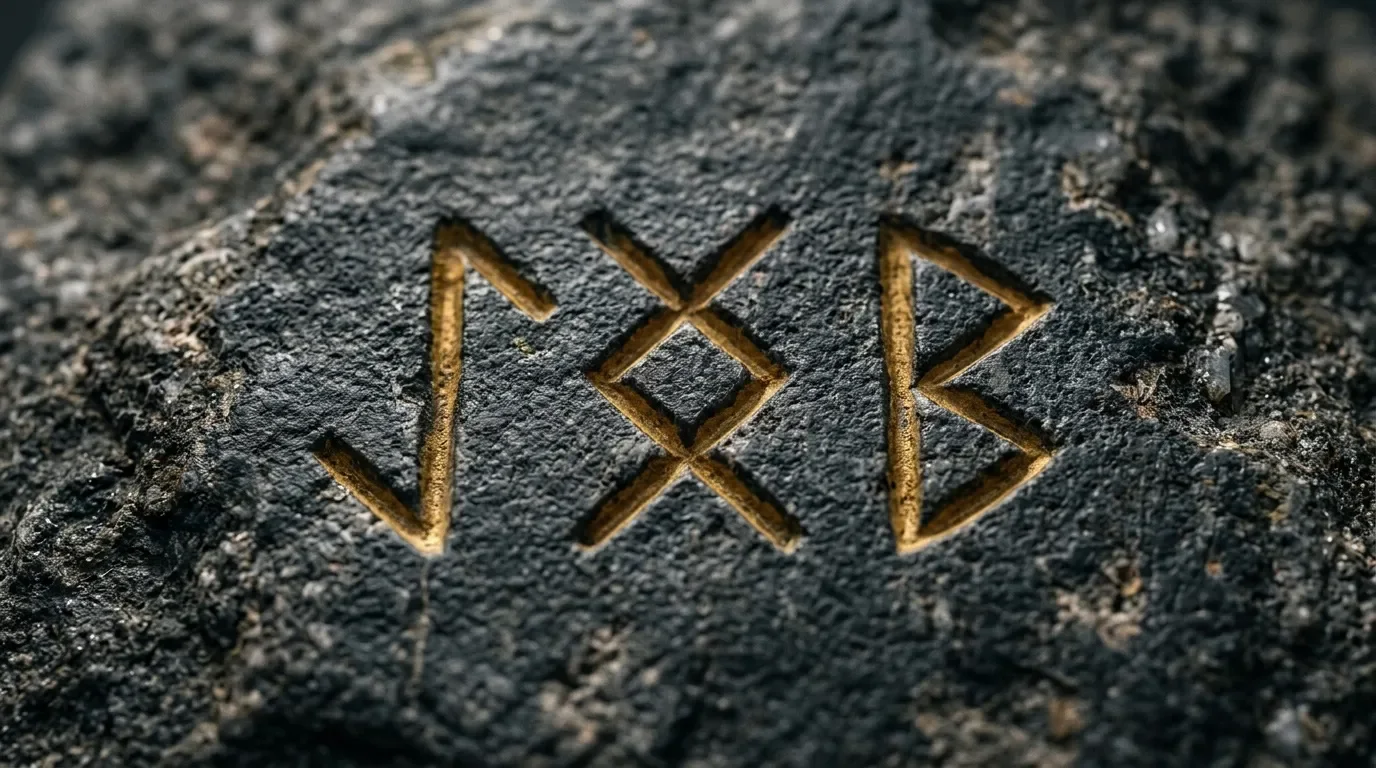 Trois runes dorées gravées sur une surface rocheuse grise