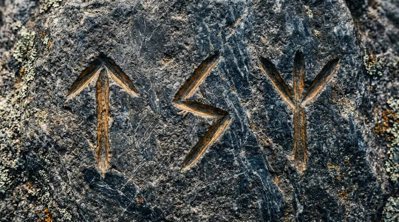 Trois runes nordiques dorées gravées sur roche grise usée