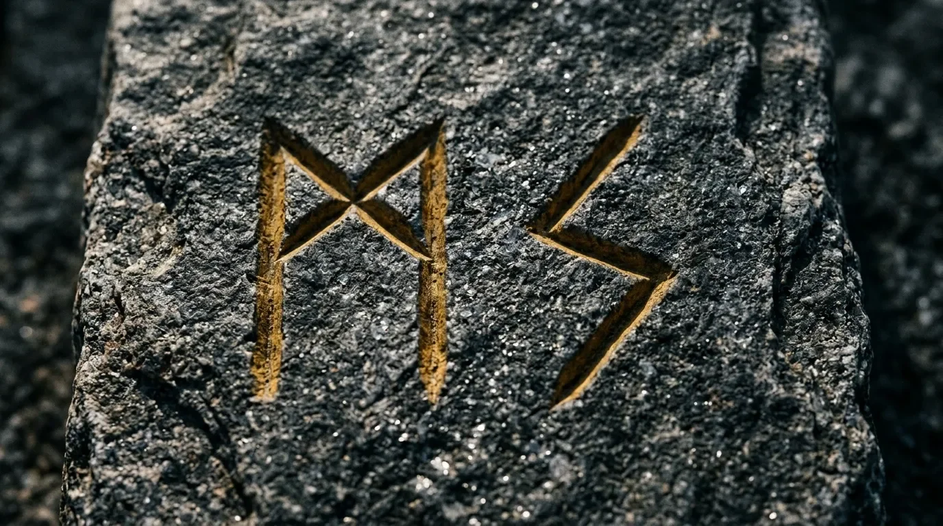 Trois runes dorées gravées sur une surface rocheuse grise