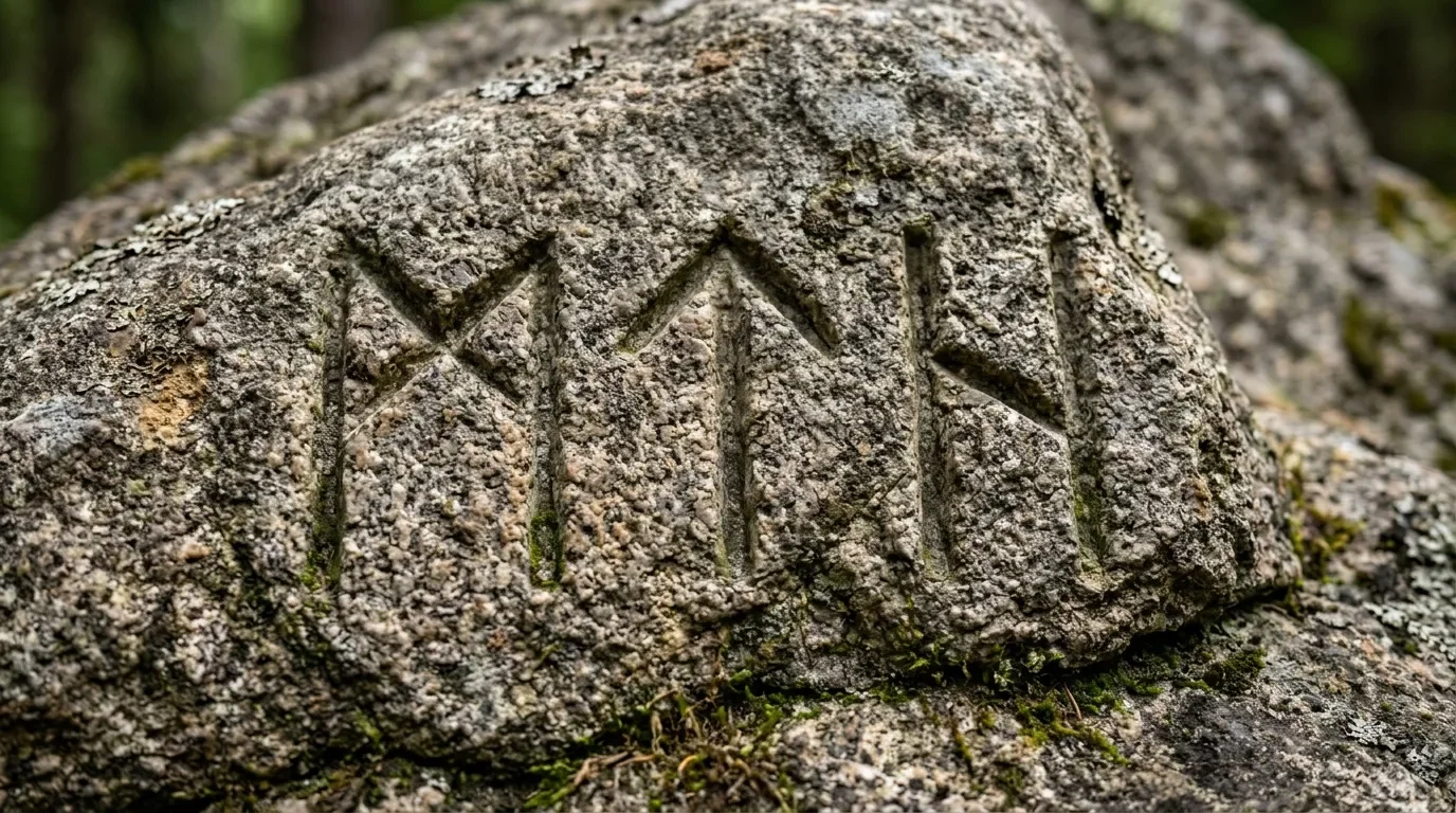 Marques géométriques gravées sur roche couverte de mousse verte