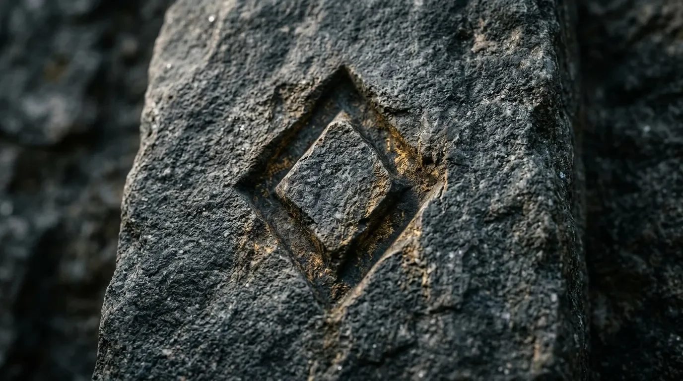Losange géométrique gravé sur surface rocheuse texturée grise