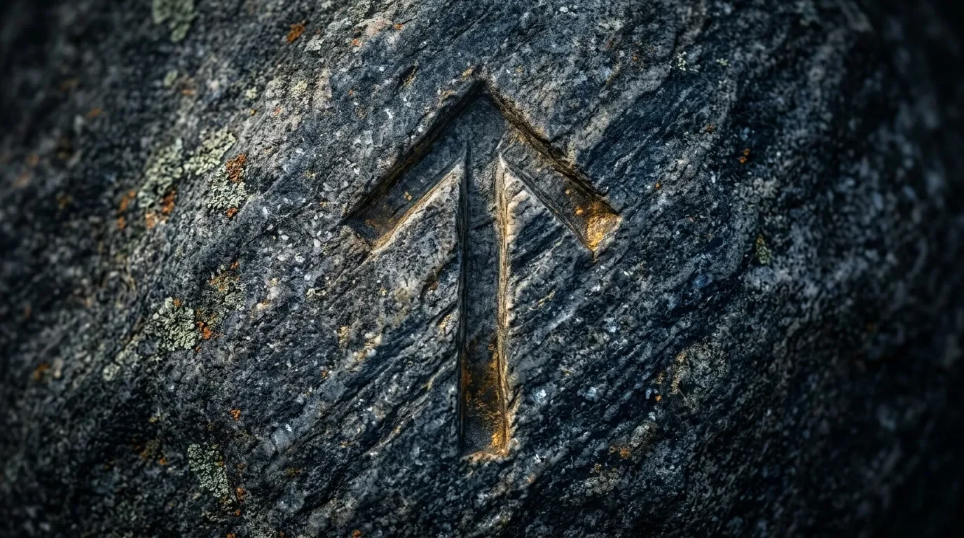 Symbole runique gravé sur roche couverte de lichen
