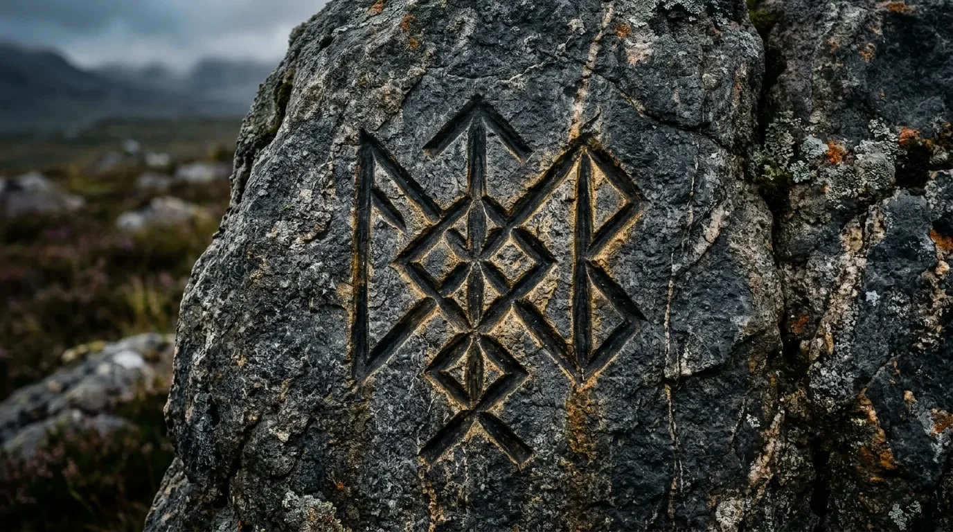 Symbole runique ancien gravé dans roche grise