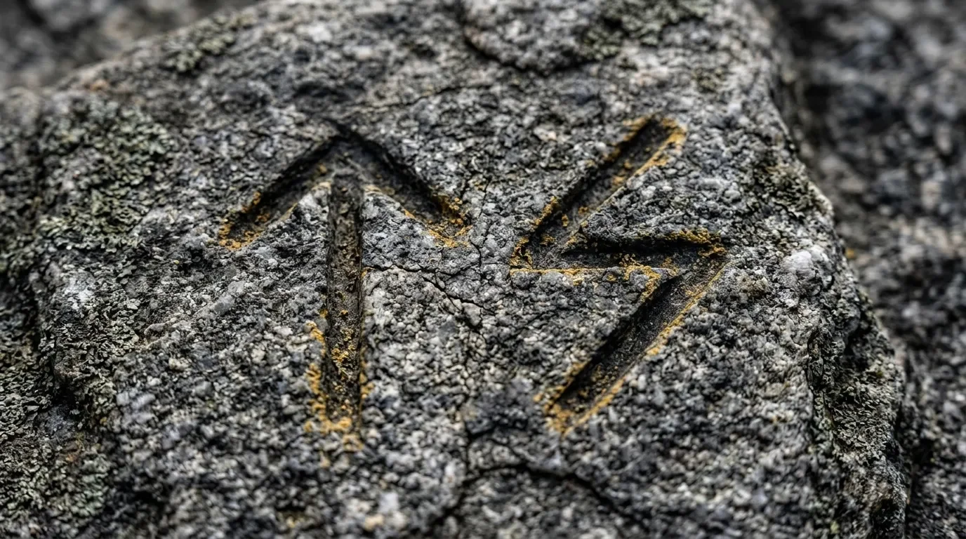 Motif géométrique gravé en or sur roche grise texturée
