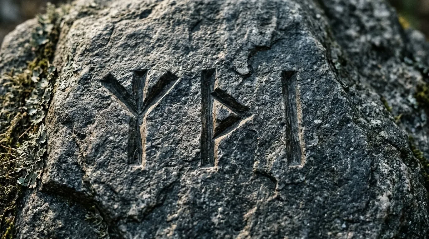Trois runes Vikings sculptées sur roche grise couverte de mousse
