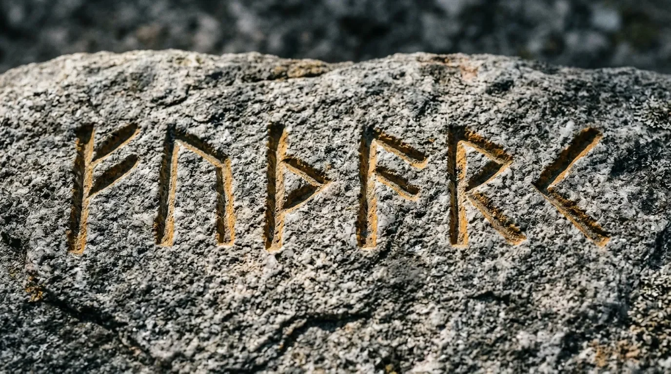 Symboles runiques grav&eacute;s sur surface rocheuse grise