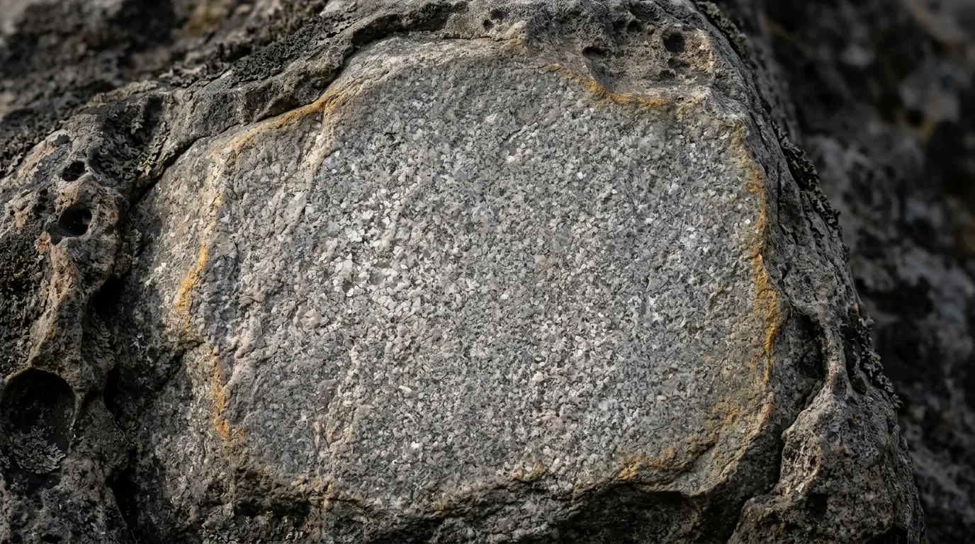 Surface rocheuse grise &eacute;rod&eacute;e avec d&eacute;p&ocirc;ts min&eacute;raux orang&eacute;s