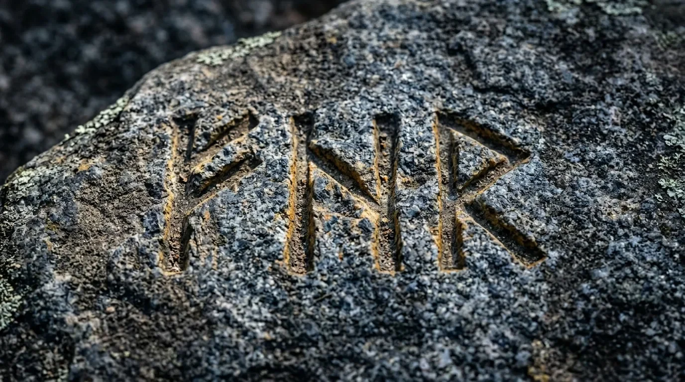 Runes nordiques sculpt&eacute;es sur une surface rocheuse grise