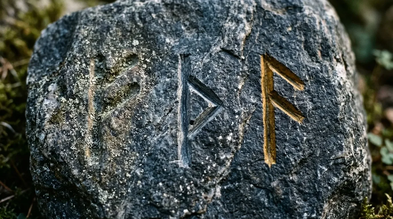 Rune nordique grav&eacute;e dans la pierre, couverte de mousse