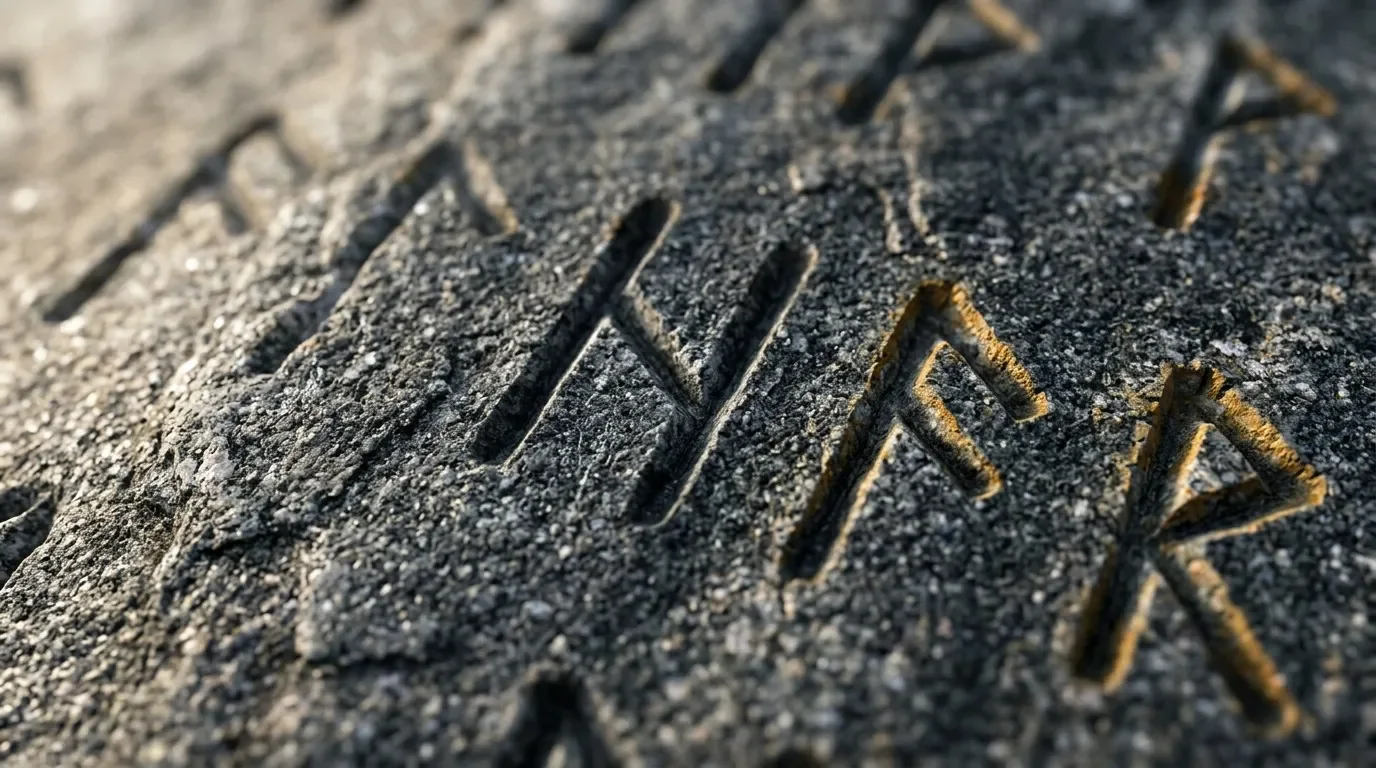 Caract&egrave;res runiques sculpt&eacute;s sur surface rocheuse grise