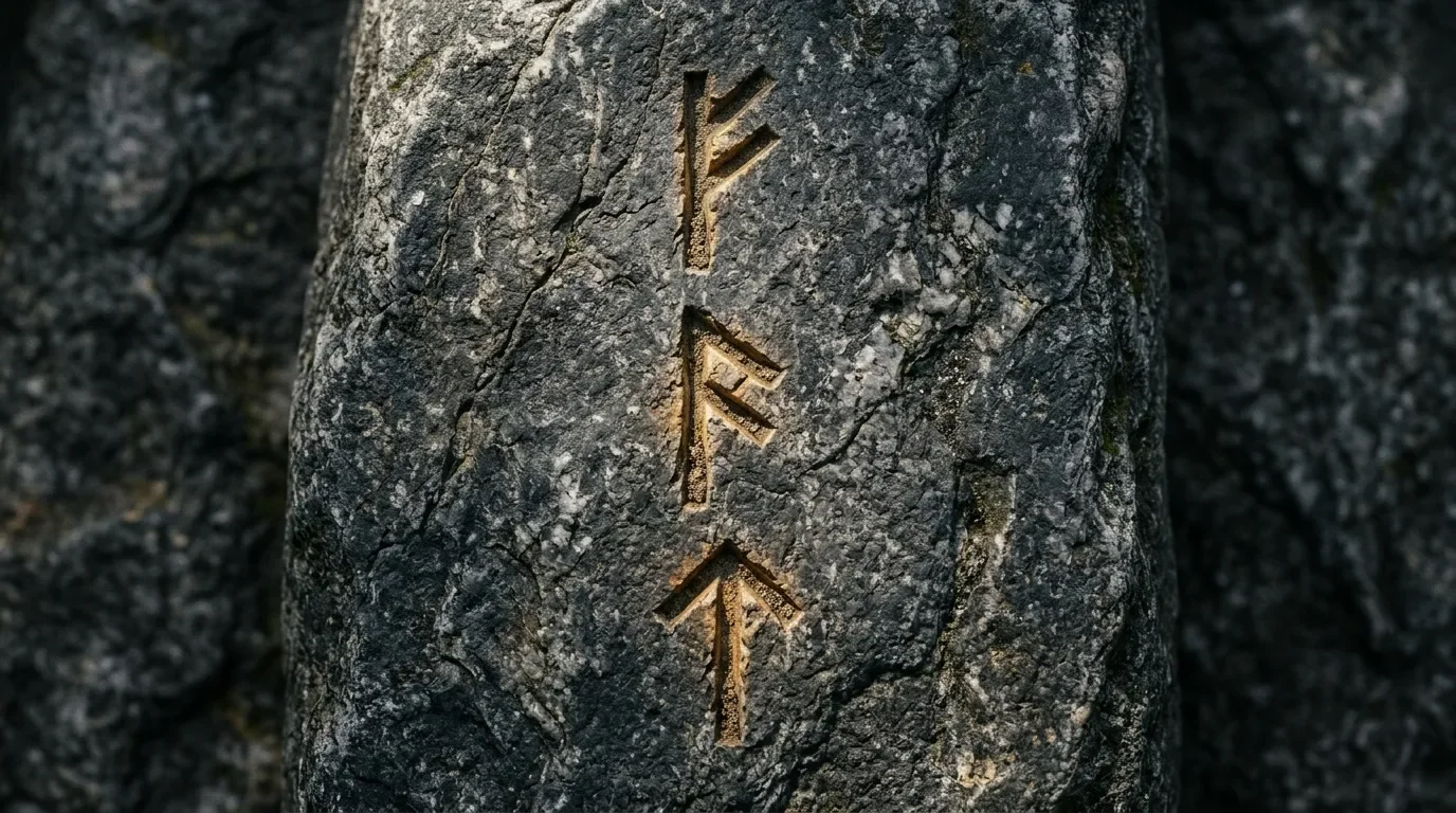 Trois runes dor&eacute;es grav&eacute;es sur surface rocheuse grise