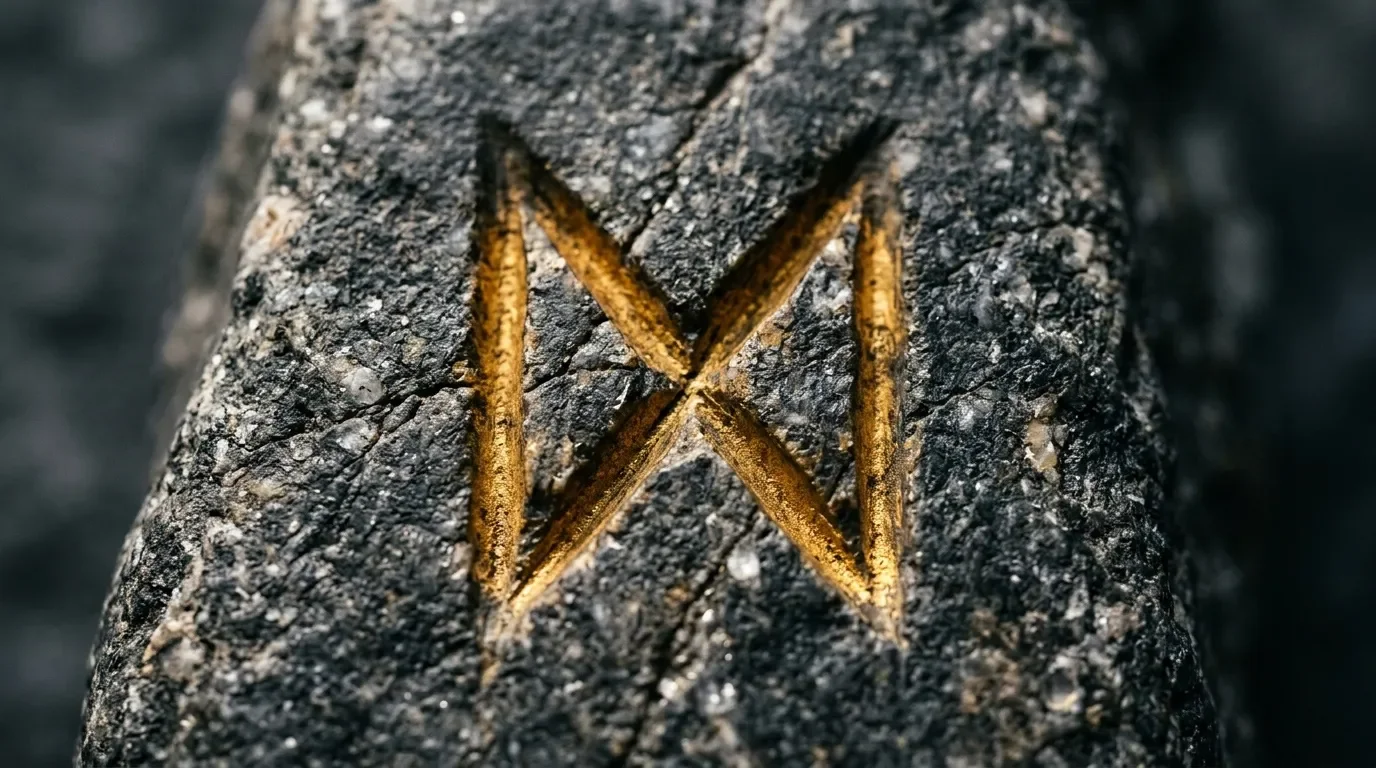 Symbole runique dor&eacute; inscrit sur l'&eacute;corce d'un arbre gris