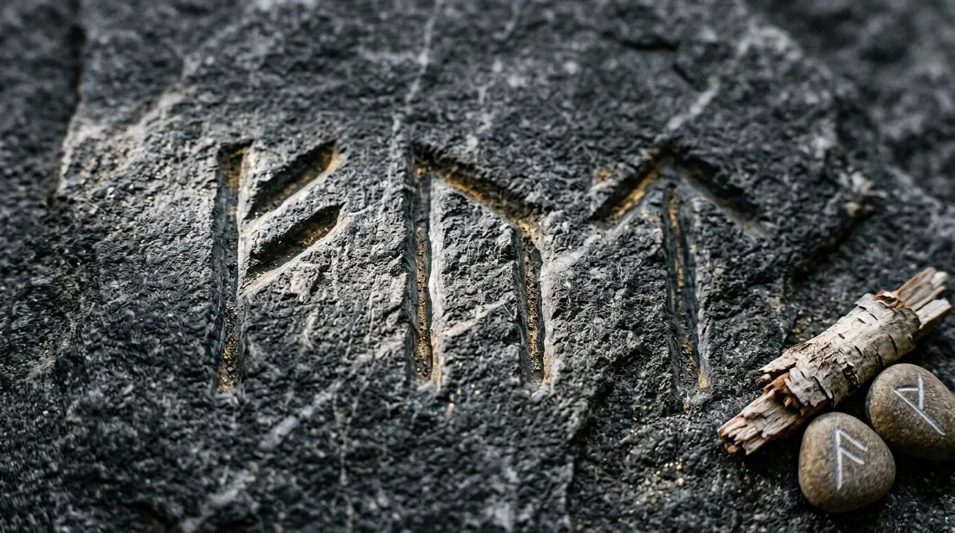 Runes nordiques grav&eacute;es sur pierre grise avec objets rituels