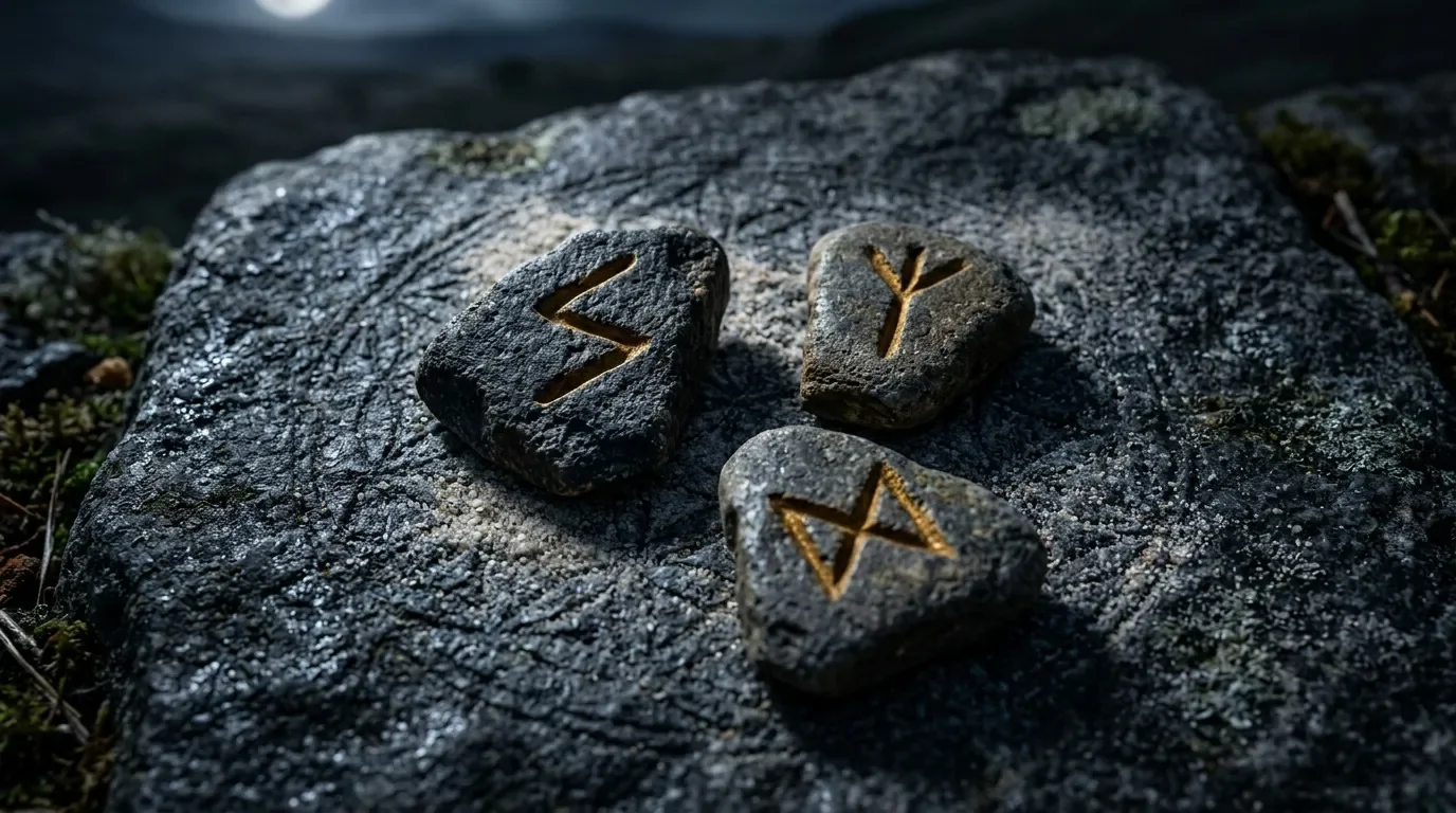 Trois pierres avec symboles runiques dor&eacute;s sous la lune