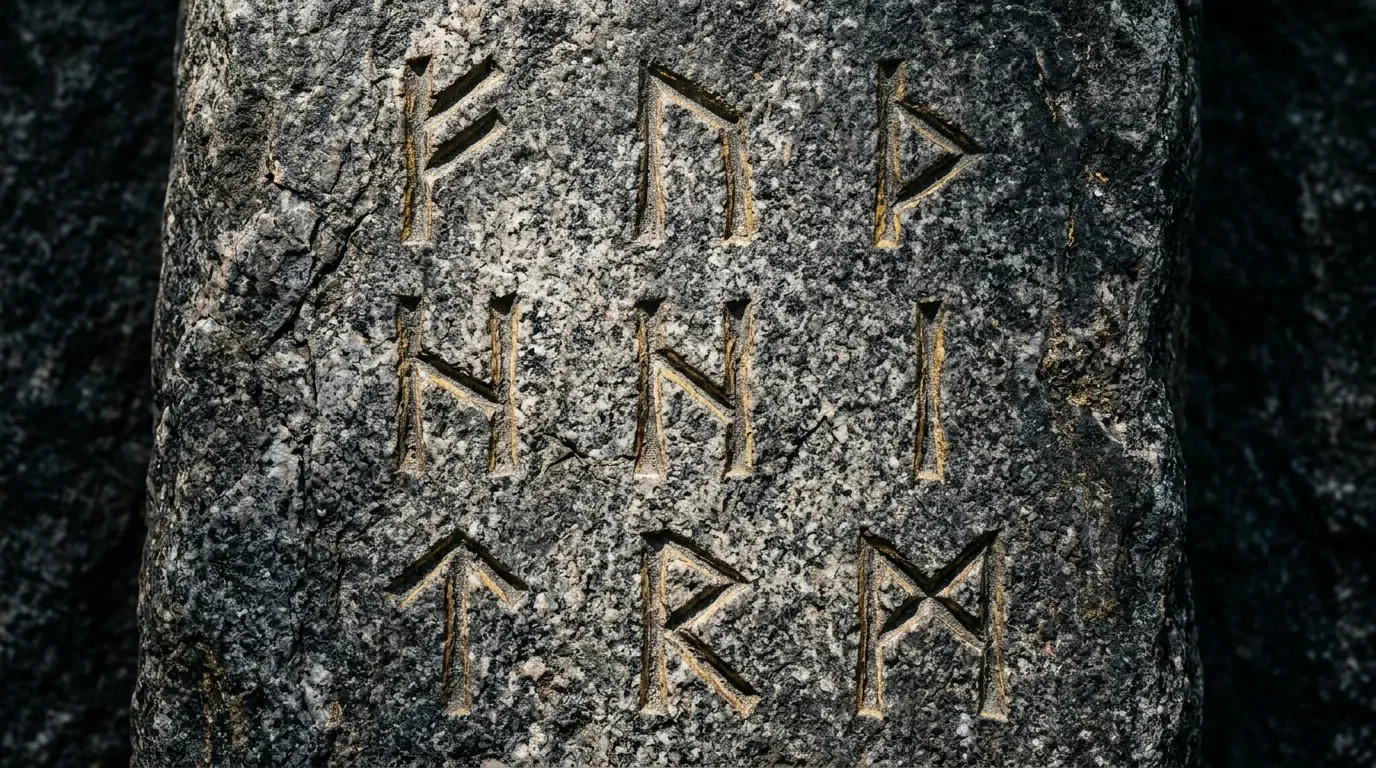 Runes nordiques grav&eacute;es sur pierre grise us&eacute;e
